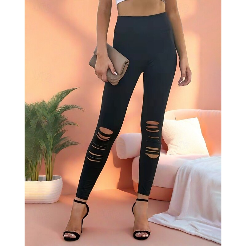 Women's Slacks Leggings Cozy Leggings Streetwear Casual Full Length Natural Plain Elastic Waist Ripped Comfortable Street Holiday Magenta Grey Black Army Green Fall Regular Fit