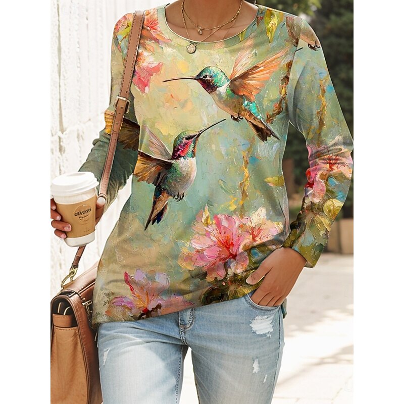 Women's T shirt Crew Neck Long Sleeve Tunic Graphic Butterfly Bird Vintage Stylish Modern  Regular Tops Daily Print Black Pink Green Fall2