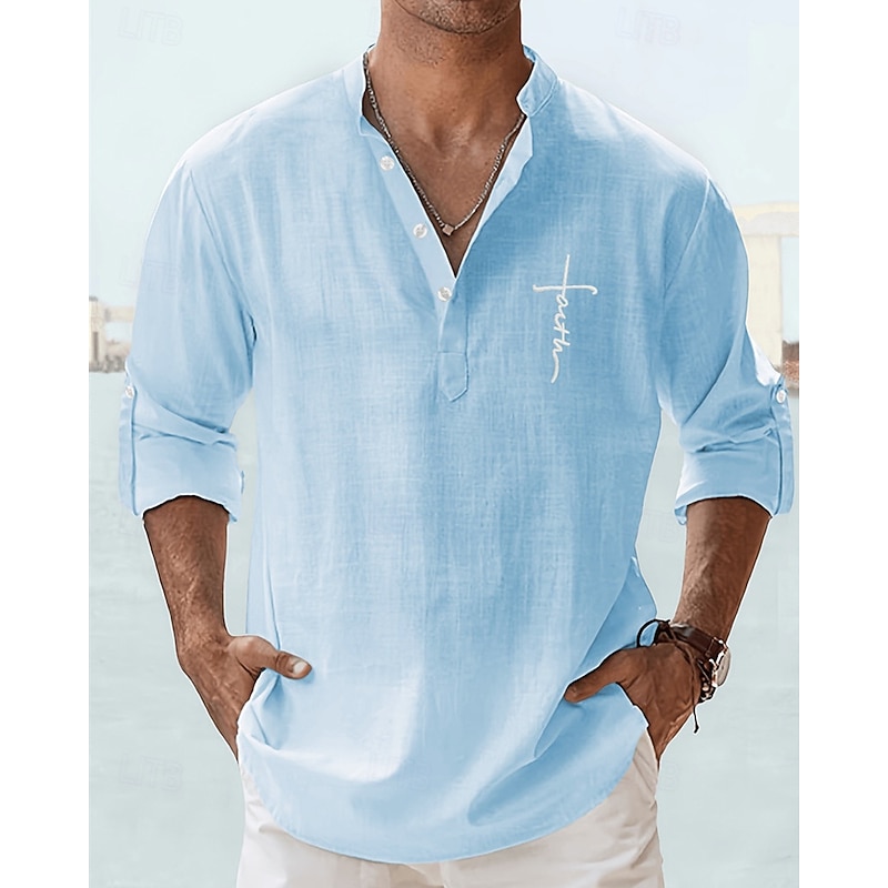 Men's Shirt Linen Shirt Popover Shirt Casual Shirt Cotton Shirt Cross Vacation Hawaiian Black White Yellow Pink Long Sleeve Band Collar Spring Fall Clothing Apparel Print2