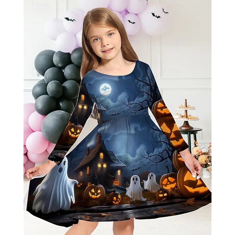Halloween Girls' 3D Graphic Pumpkin Ghost Dress Long Sleeve Summer Spring Vacation Daily Holiday Princess Beautiful Sweet Kids 4-12 Years Casual Dress A Line Dress Knee-length Regular Fit