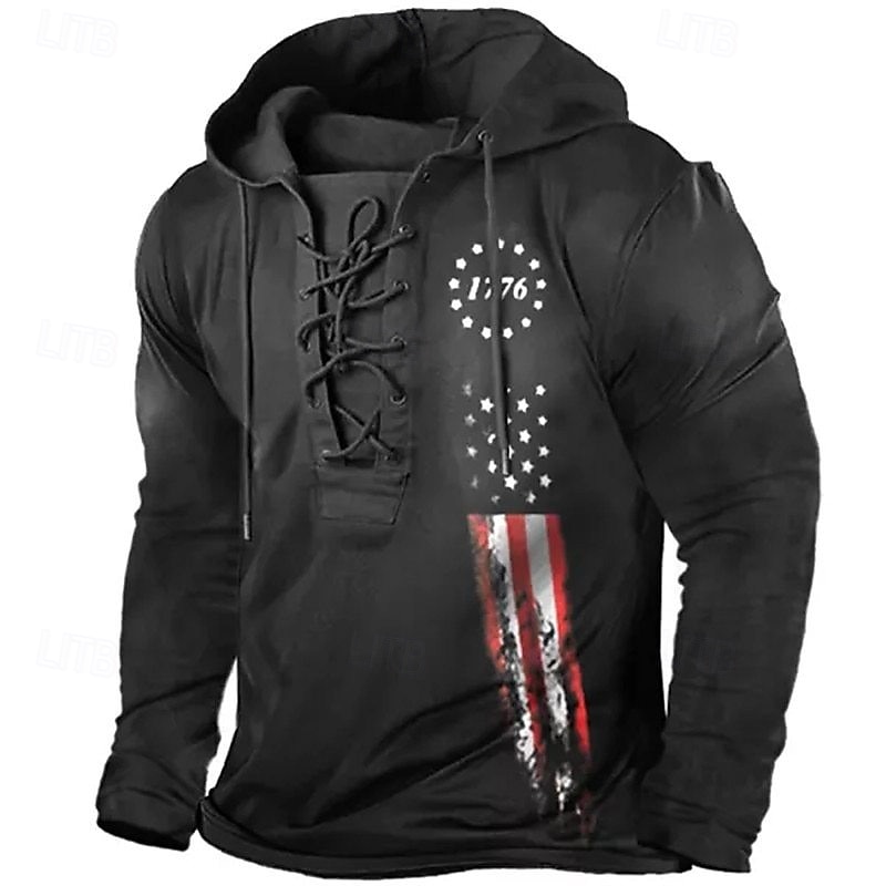 Men's Hoodie Black And White Black Hooded National Flag Lace up Sports & Outdoor Daily Holiday Polyester Streetwear Basic Casual Spring Fall Clothing Apparel Hoodies Sweatshirts