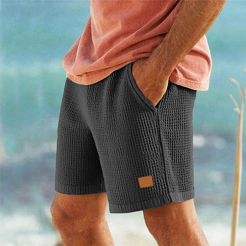 Men's Waffle Shorts Shorts Summer Shorts Casual Shorts Pocket Elastic Waist Drawstring Plain Comfort Breathable Short Outdoor Vacation Sport Casual Black White3