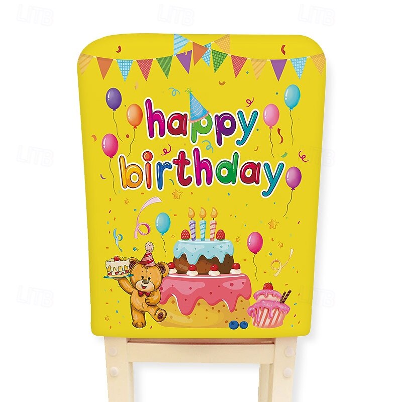 Festive Birthday Cartoon Chair Covers - Peach Skin Velvet Half-Body Design for Birthday & Holiday Decor, Removable Dining Chair Slipcovers for Kitchen or Dining Room2