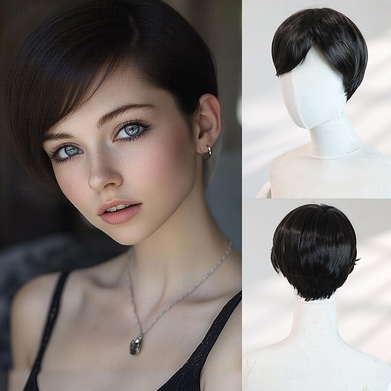 Short 6″ Straight Black Halloween Wig for Women – Full Bangs, Heat‑Resistant Synthetic Hair for Costume & Photo Shoots
