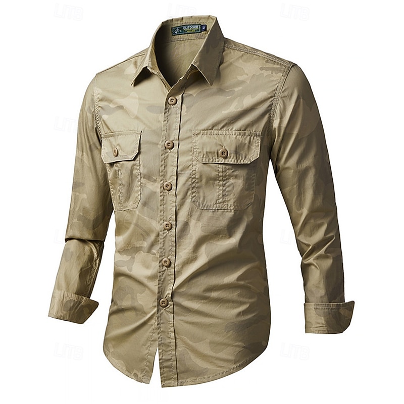 Men's Cargo Shirt Camo Shirt Long Sleeve Turndown Top Outdoor Breathable Cotton Camo Green Khaki Grey Tennis Golf Running4