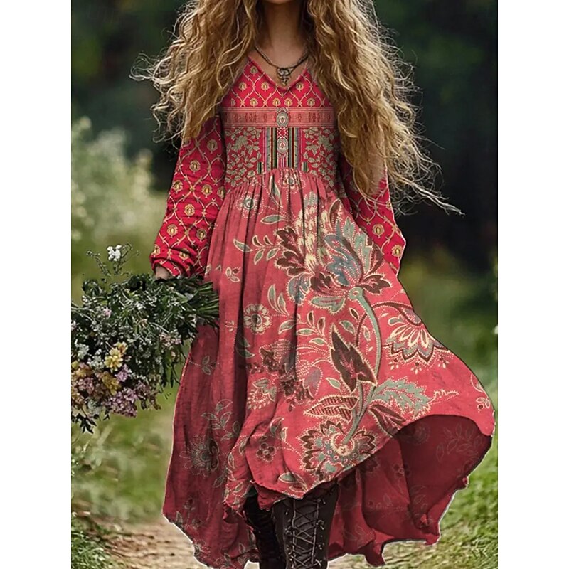 Women's Maxi Dress A Line Dress Vacation Casual Boho Going out Beach Loose Fit Floral Graphic Paisley Long Sleeve V Neck Deep Green Black Wine Red Summer Spring Fall4
