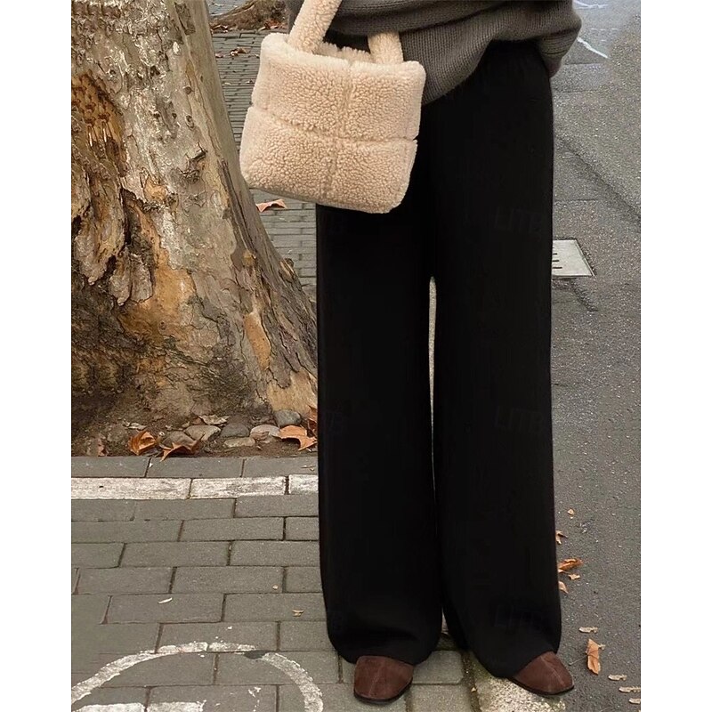 Women's Fleece Pants Wide Leg Pants Trousers Fashion Streetwear Full Length High Waist Plain Breathability Comfortable Micro-elastic Street Daily Wear Going out Black Dark Gray Beige Coffee Spring3