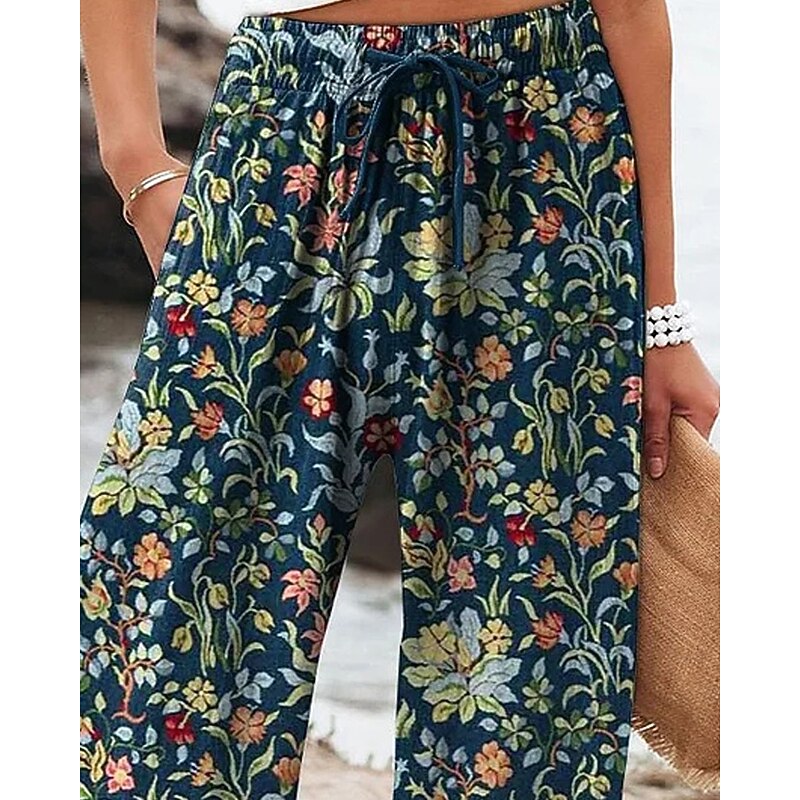 Women's Wide Leg Pants Trousers Palazzo Pants Fashion Boho Full Length High Waist Flower Elastic Waist Drawstring Print Breathability Comfortable Street Daily Wear Going out Dark Blue Spring Fall2