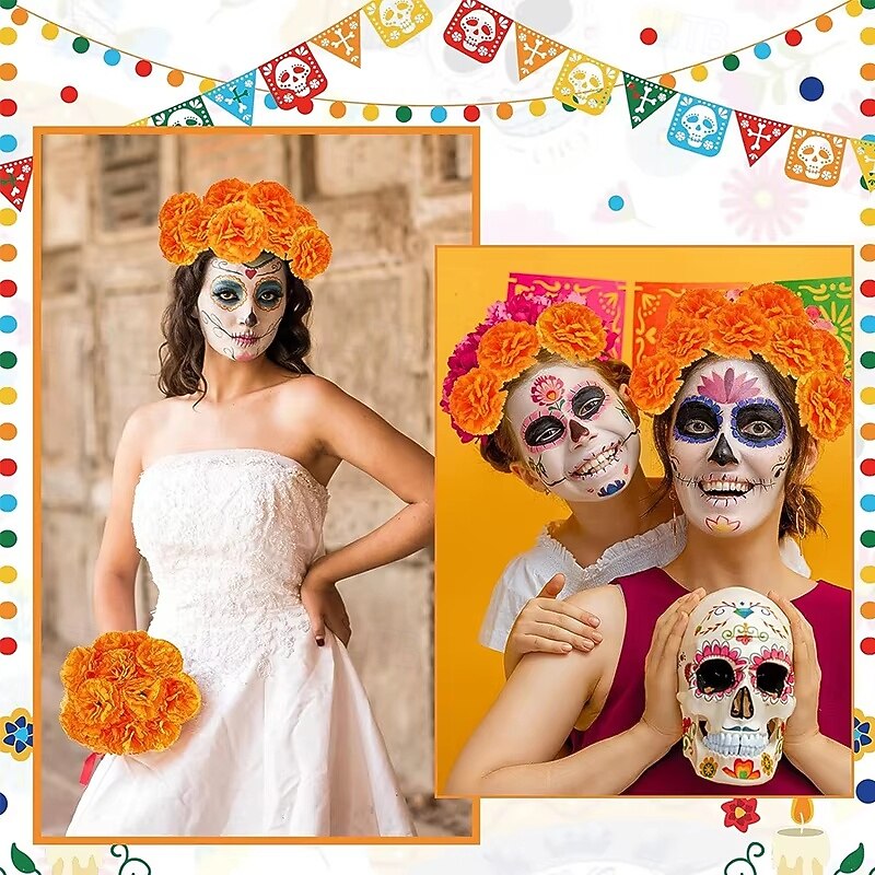 Mexico Day of the Dead Decoration Halloween Outdoor Marigold Flower Ball Cloth Field Flower String Scene Arrangement Atmosphere Props3