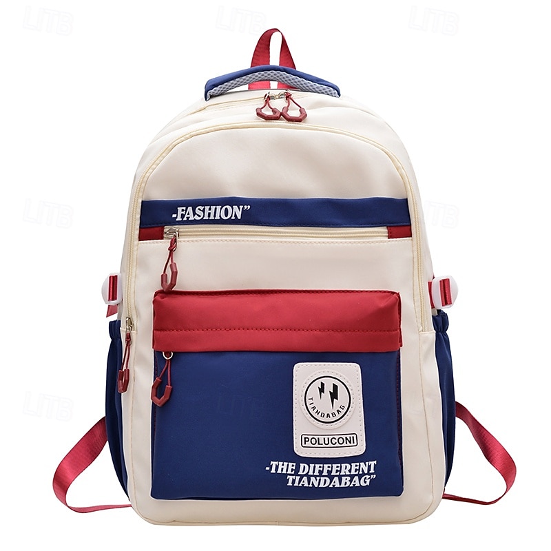 Unisex Casual Backpack with Red and Blue Colorblock Design, Fashionable Zippered Compartments, Durable Nylon Material – Perfect for Back-to-School, Travel, and Everyday Use