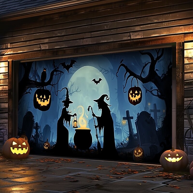 Halloween Garage Door Cover Banner Backdrop – Oversized Skeleton Moon Scene with Pumpkins, Includes Ropes and Hooks, Outdoor Decoration for 2025 Halloween Home Front Yard3