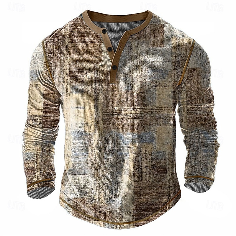 Men's Graphic Henley Shirt Waffle T Shirt Long Sleeve Vintage Daily Retro Vintage Sports Outdoor Casual Holiday Spring & Summer All Seasons Dark Brown Grey Blue Coffee Green Henley Henley T-Shirt