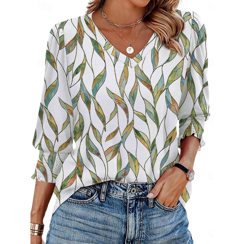 Women's Blouse Floral Plaid Stylish Casual 3/4 Length Sleeve V Neck Regular Tops Daily Print Blue Green Khaki Summer Spring Fall2