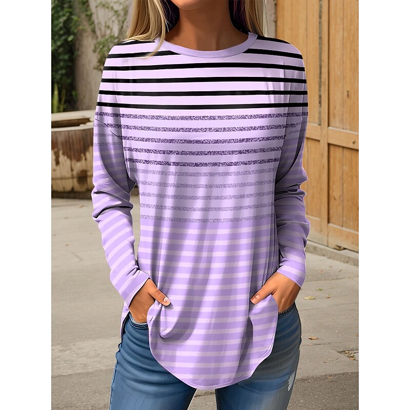 Women's T Shirt Graphic Geometric Striped Vintage Fashion Stylish Long Sleeve Crew Neck Round Neck Regular Tops Weekend Print Pink Blue Purple Green Spring Fall3