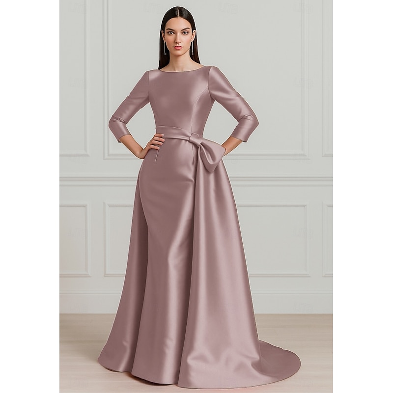 Red Black A-Line Evening Gown Elegant Dress Formal Wedding Floor Length 3/4 Length Sleeve Crew Neck Stretch Satin with Pleats4