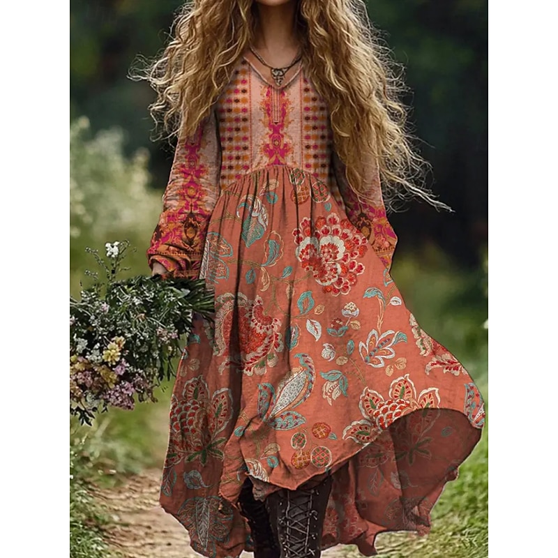 Women's Maxi Dress A Line Dress Vacation Casual Boho Going out Beach Loose Fit Floral Graphic Paisley Long Sleeve V Neck Deep Green Black Wine Red Summer Spring Fall2