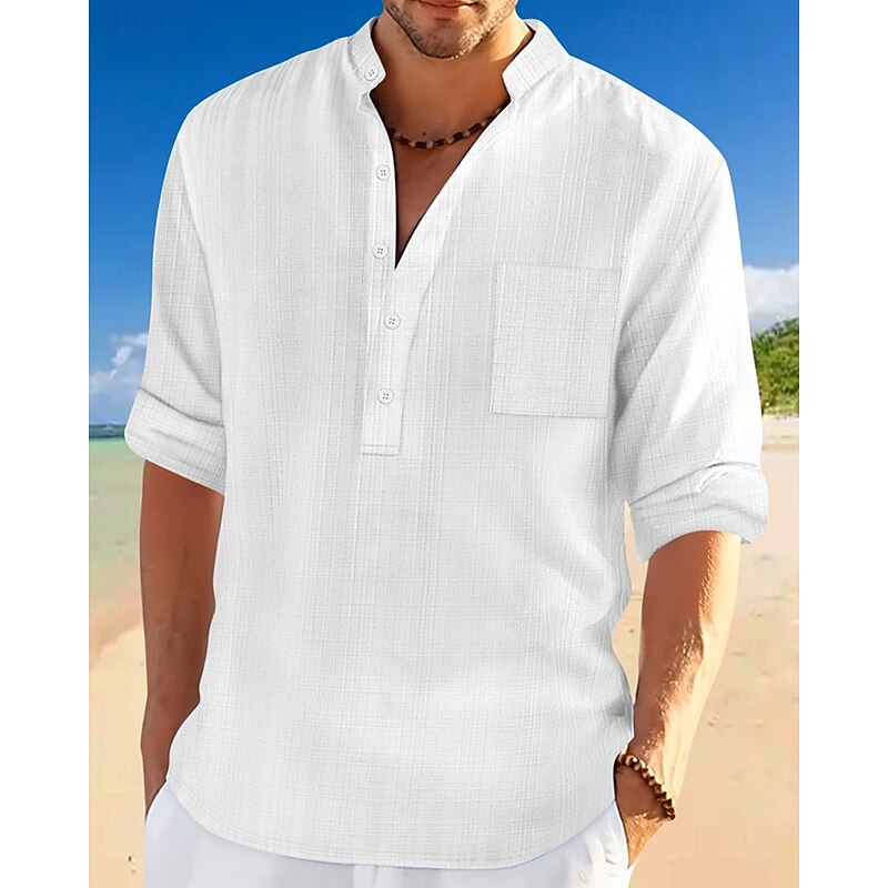 Men's Shirt Linen Shirt Popover Shirt Casual Shirt Cotton Shirt Plain Vacation Hawaiian Black White Navy Blue Sky Blue Long Sleeve Band Collar Spring Fall Clothing Apparel Pocket