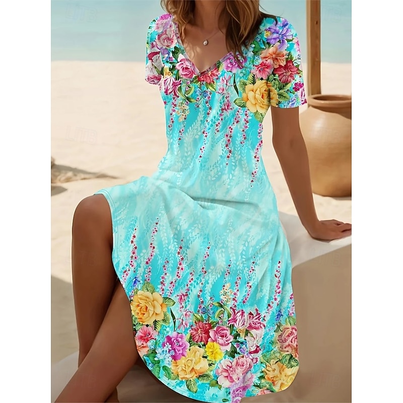 Women's Mini Dress T Shirt Dress Tee Dress Sundress A Line Dress Vacation Casual Beach Daily Holiday Beach Regular Fit Ombre Floral Graphic Short Sleeve V Neck Yellow Blue Purple Fuchsia Summer4