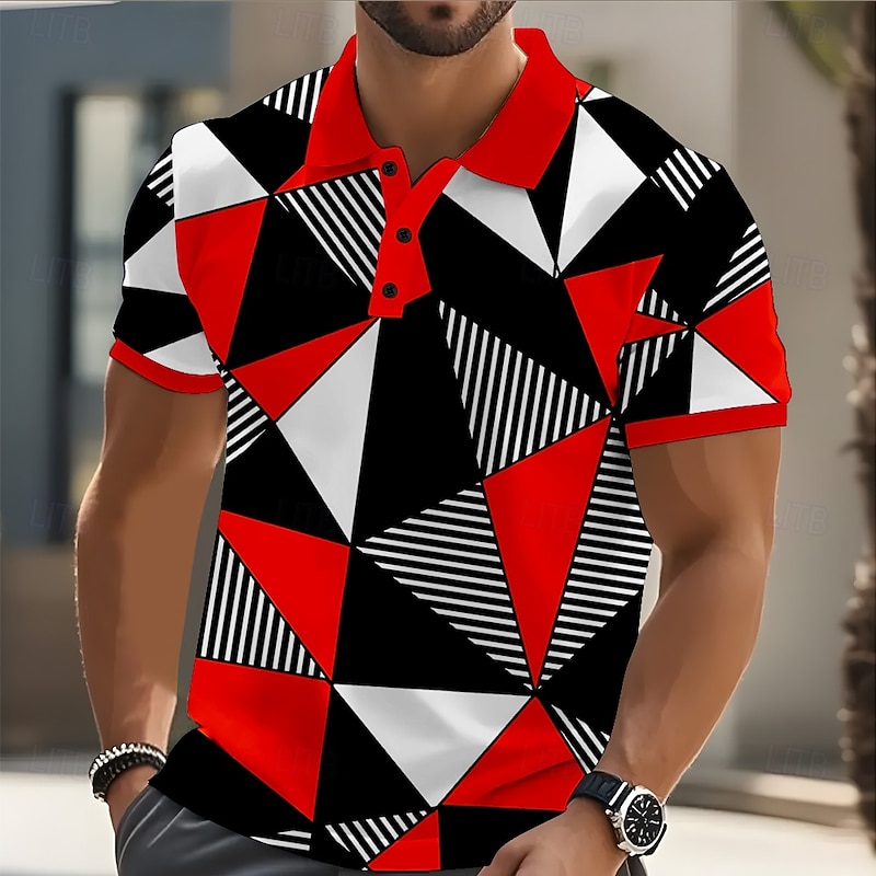Men's Geometric Color Block Polo Short Sleeve Polo Shirts Collared Shirts Casual Street Athleisure Daily Wear 3D Print Buttons Summer Red Blue Orange