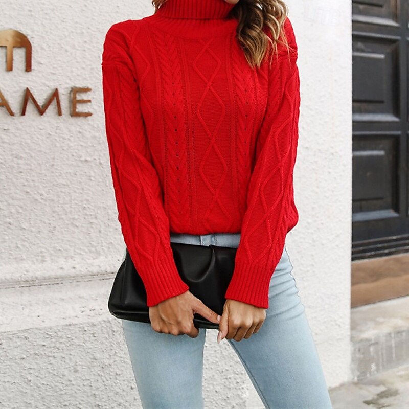 Women's Pullover Casual Solid Color Chunky Turtleneck Knitted Long Sleeve Regular Tops Knit Daily Holiday Going out Red Green Fall Winter2
