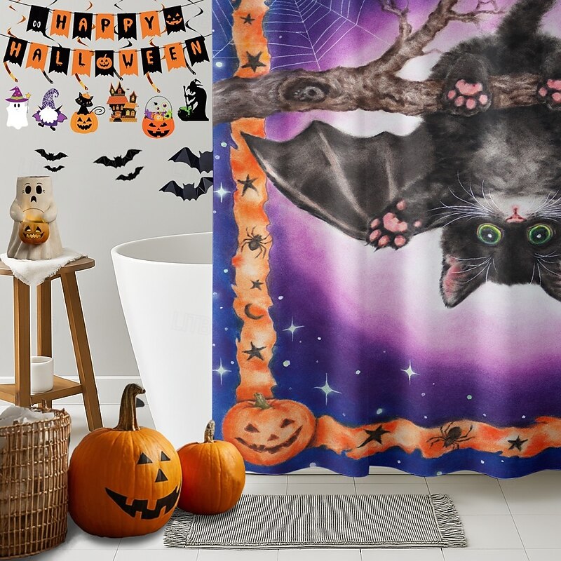 Halloween Bat and Scary Spider by Kayomi Harai Halloween Shower Curtain with Hooks Polyester Washable Waterproof Pattern Bathroom Bathtub Decor3
