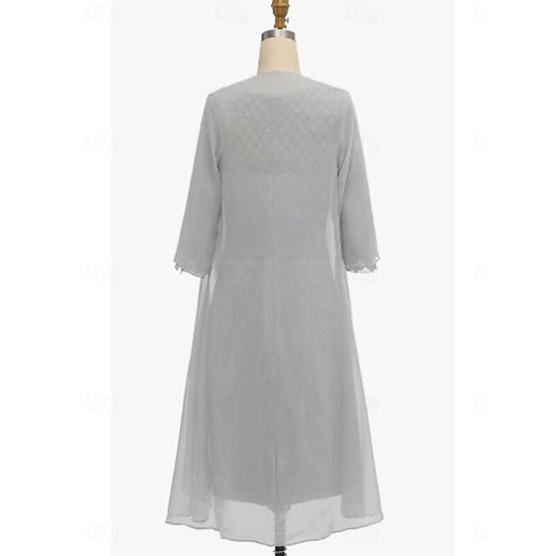 Sheath / Column Dress Sets Mother of the Bride Dress Elegant Simple Crew Neck Knee Length Lace 3/4 Length Sleeve with Solid Color2