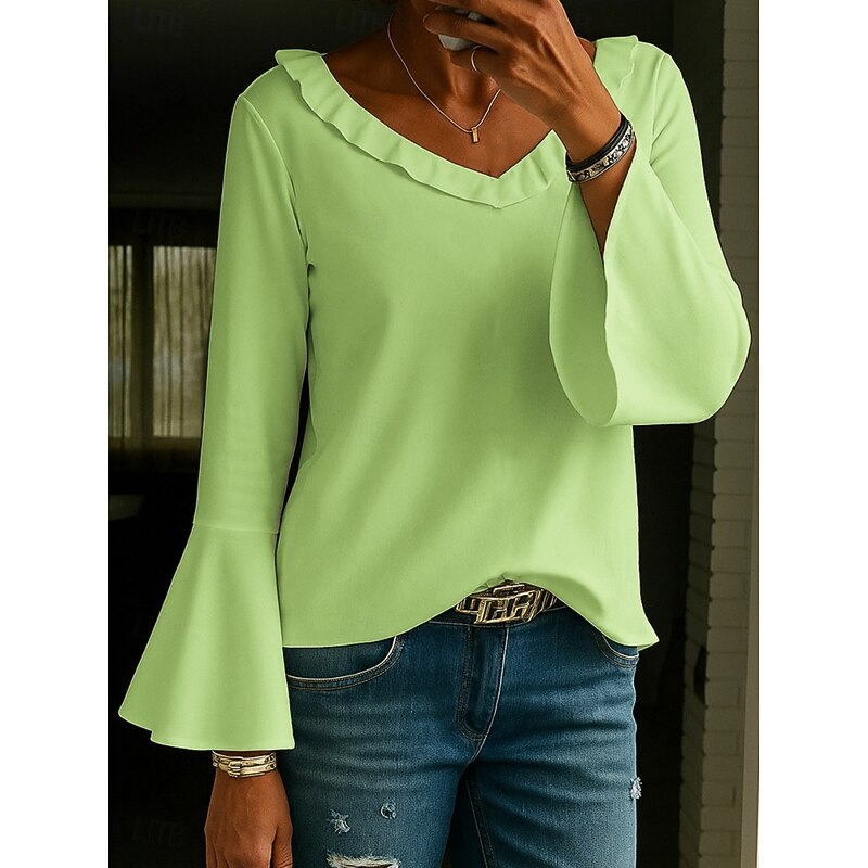 Women's Blouse Plain Stylish Modern Long Sleeve V Neck Regular Tops Daily Holiday Ruffle White Yellow Light Green Pink Summer Spring Fall3