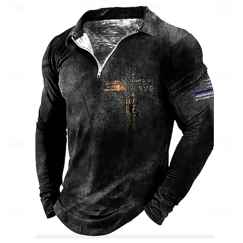 Men's Graphic Cross Polo Long Sleeve Half Zip Vintage Casual Daily Athleisure Casual Daily Zip Up Spring Fall Winter Black Blue Dark Grey