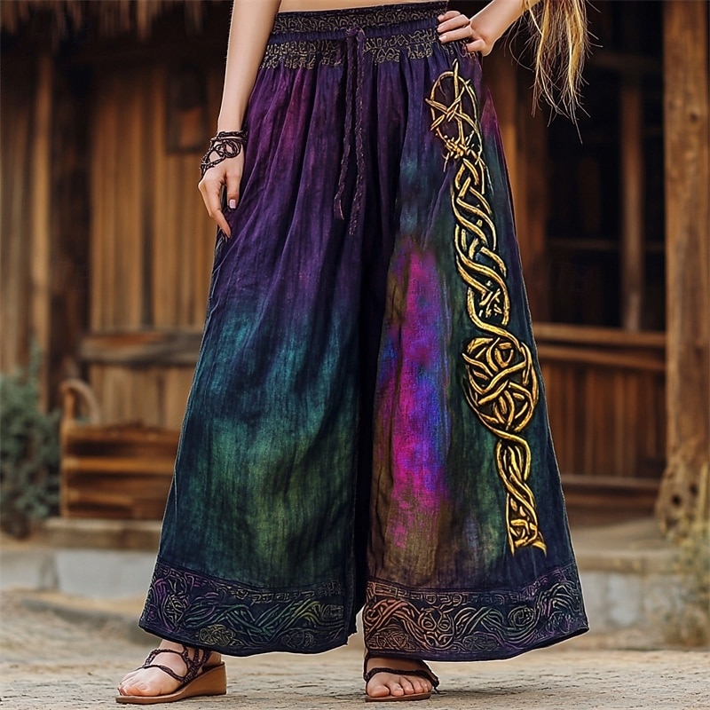 Women's Wide Leg Pants Trousers Palazzo Pants Fashion Boho Full Length High Waist Graphic Prints Elastic Waist Drawstring Print Breathability Comfortable Street Daily Wear Going out Purple Spring Fall