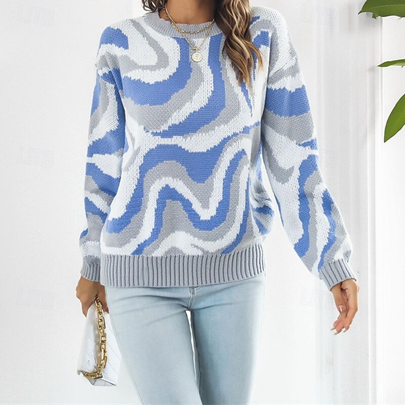 Women's Pullover Casual Color Block Chunky Crew Neck Knitted Long Sleeve Regular Tops Knit Daily Holiday Going out Black Blue Fall Winter3