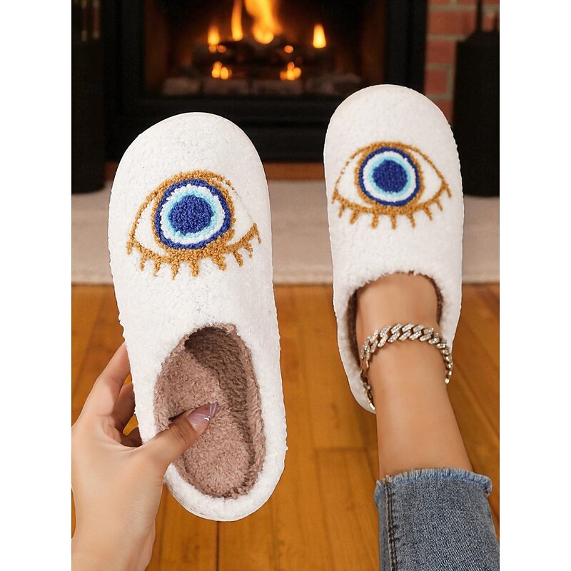 Women's Fuzzy Eye Pattern Indoor Slippers – Cozy Plush House Shoes for Winter, Lounging and Gift Giving