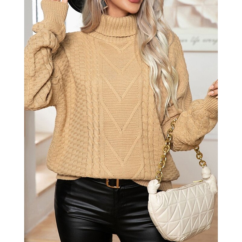 Women's Pullover Casual Solid Color Chunky Turtleneck Knitted Long Sleeve Regular Tops Knit Daily Holiday Going out Red Khaki Fall Winter2