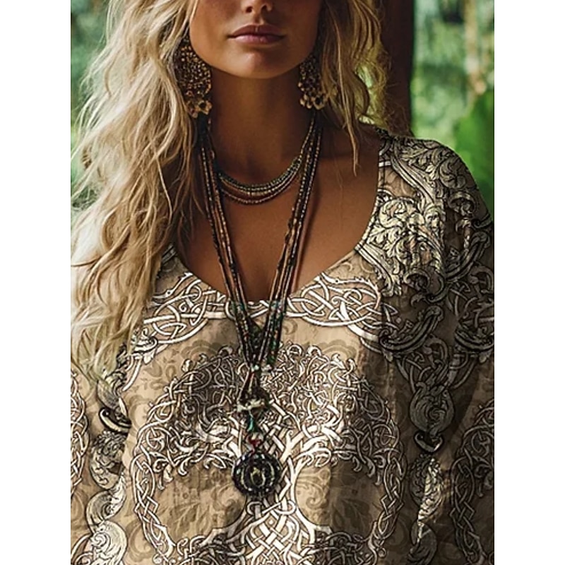 Women's Blouse Graphic Vintage Daily Casual  Long Sleeve V Neck Regular Tops Tribal Tree Of Life Vintage Designer Basic Print Vacation Street Going out Daily Holiday Print Brown Summer Spring Fall2