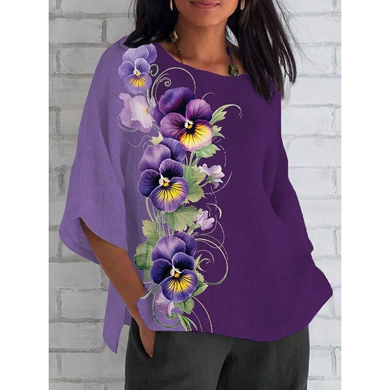 Women's Blouse Long Sleeve Floral Graphic Vintage Stylish Classic 3/4 Length Sleeve Regular Tops Daily Print White Pink Light Purple Purple Summer Spring Fall3
