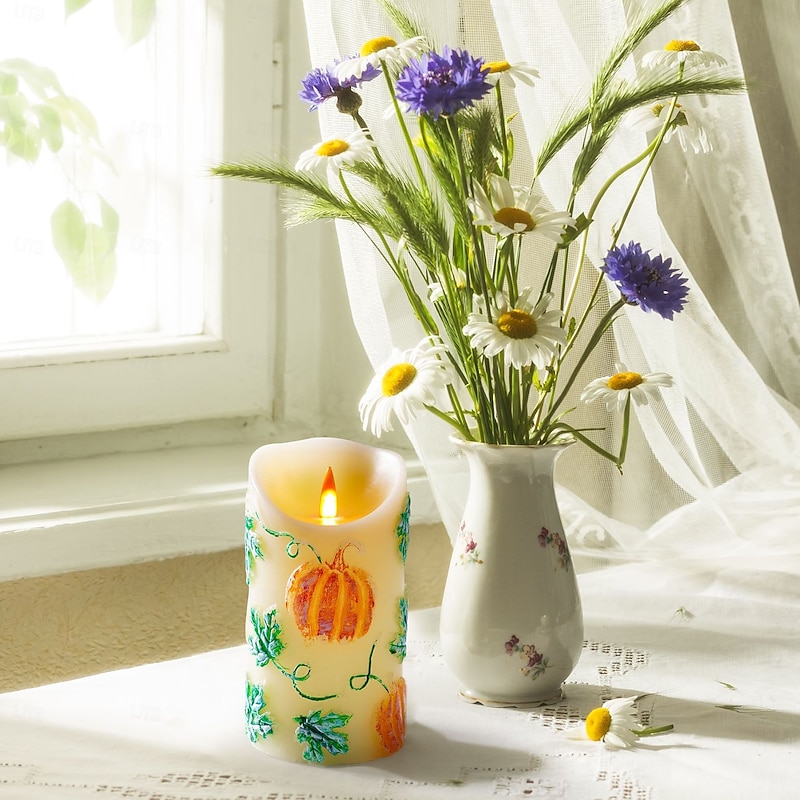 1/2 Pack 15 * 7CM embossed LED simulation electronic candle paraffin wax candle flickering flame head Halloween Thanksgiving pumpkin shaped indoor and outdoor party atmosphere light4