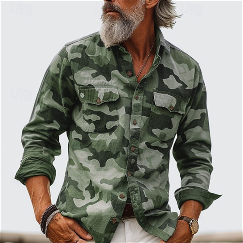 Men's Shirt Summer Shirt Casual Shirt Button Up Shirt Cargo Shirt Navy Blue Green khaki Army Green Gray Long Sleeve Camouflage Lapel Vacation Hawaiian Pocket Clothing Apparel Polyester Fashion Casual4