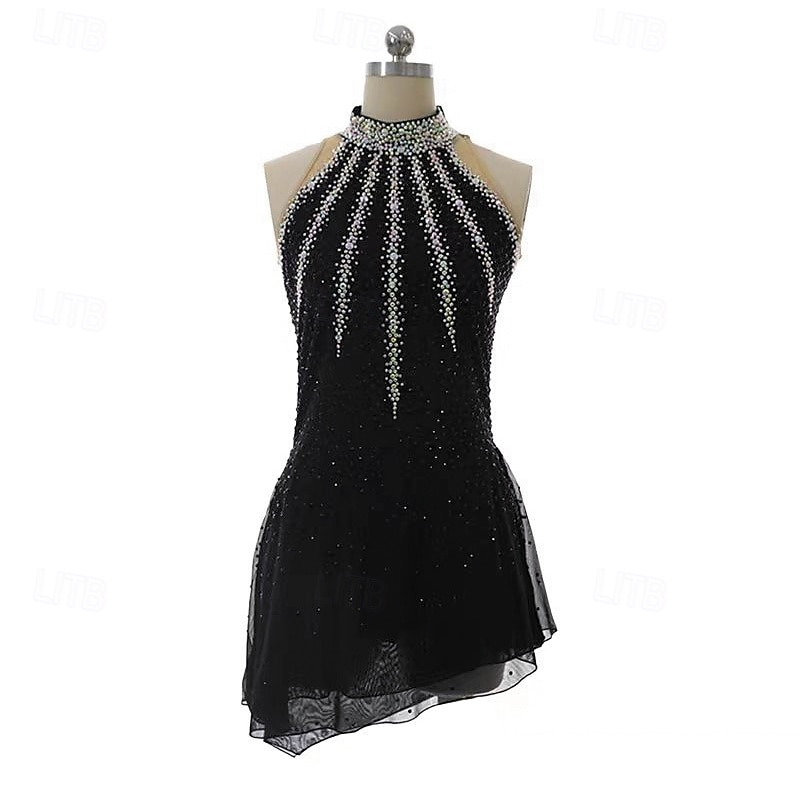 Figure Skating Dress Women's Girls' Ice Skating Dress Black Patchwork Open Back Mesh Spandex Stretchy Training Practice Professional Skating Wear Thermal Warm Crystal / Rhinestone Sleeveless Ice2