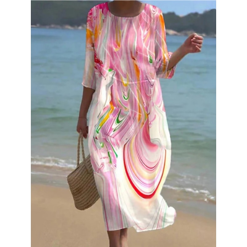 Women's Midi Dress Casual Dress Print Dress Fashion Modern Daily Beach Weekend Regular Fit Floral 3/4 Length Sleeve Crew Neck White Pink Green Spring Fall Autumn2