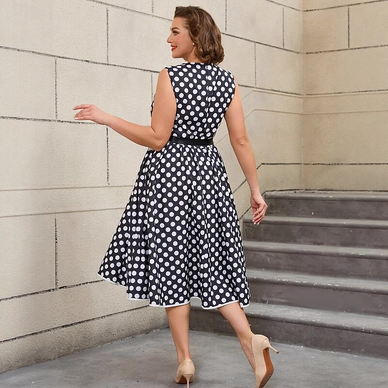 Retro Vintage 1950s Grease Outfits Rockabilly Midi A Line Dress Flare Dress Plus Size With Belt Polka dots A-Line Fancy Dress Women's Vacation Homecoming Party & Evening Adults Dress Belt4