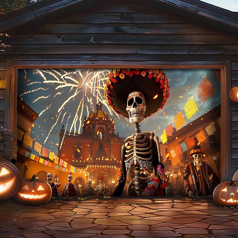 Halloween Garage Door Cover Banner Backdrop – Day of the Dead Skeleton with Marigolds, Outdoor Decoration for 2025 Halloween Home Front Yard