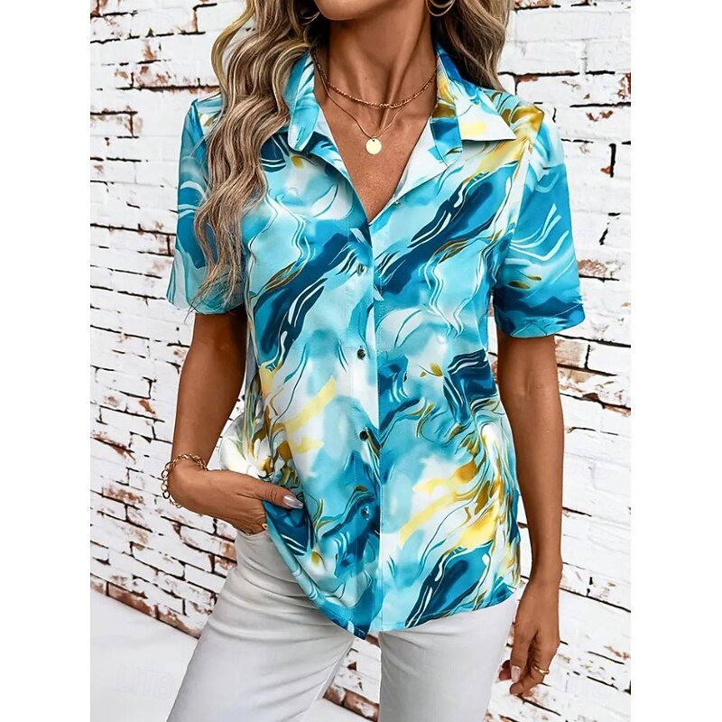 Women's Shirt Long Sleeve Button Down Blouse Graphic 3D Vintage Tropical Daily Short Sleeve Shirt Collar Regular Tops Daily Blue Green Summer Spring4