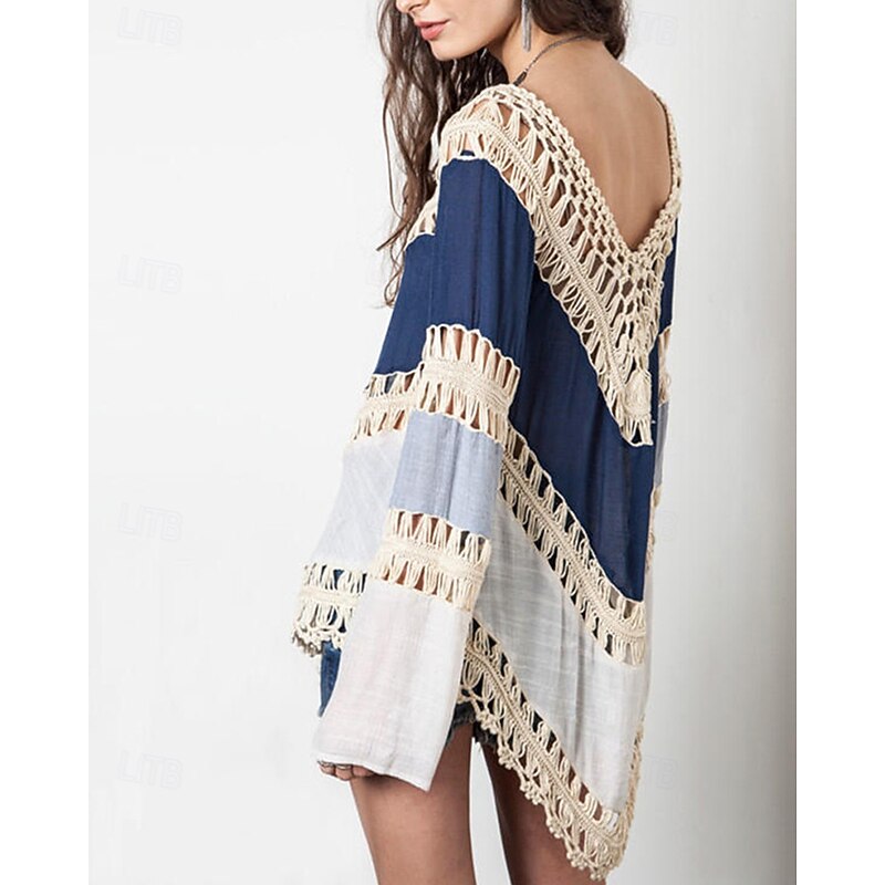 Women's Shirt Shrugs Color Block Daily Stylish Basic Long Sleeve V Neck Regular Tops Daily Holiday Going out Eyelet Blue Orange Summer Spring2