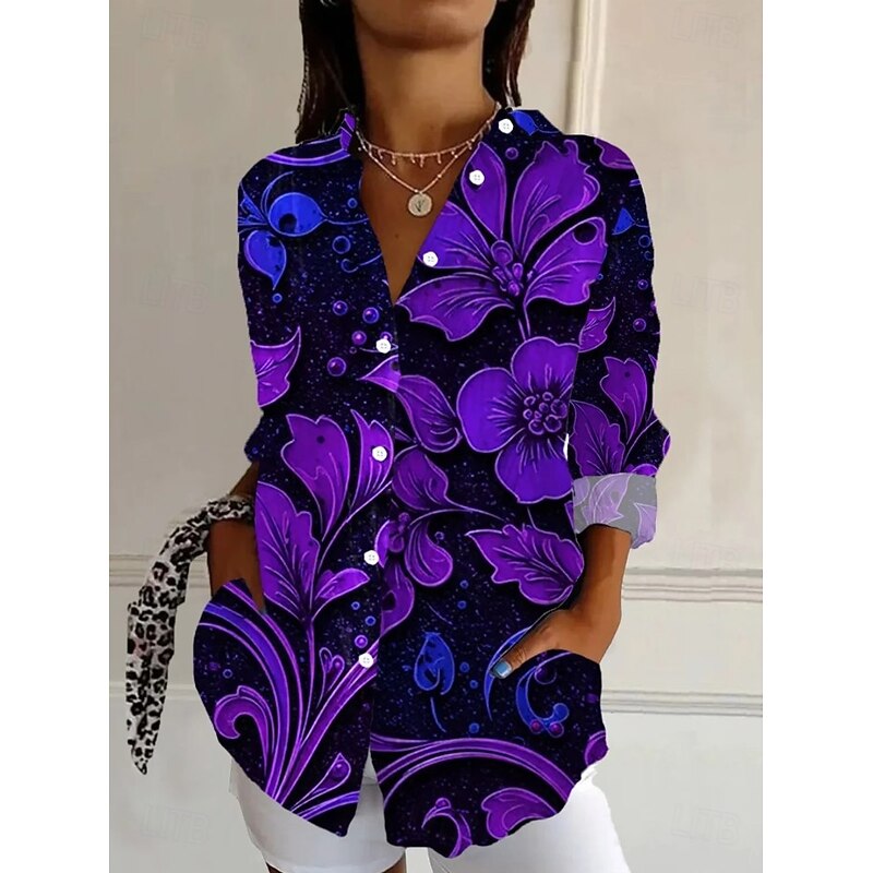 Women's Shirt Button Down Tunic Shirt Collar Long Sleeve Floral Graphic Abstract Vintage Tropical Daily Regular Tops Work Daily Holiday s Print Black Pink Purple Orange Light Blue Summer2