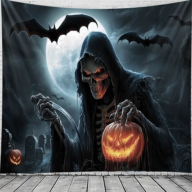 Halloween Grim Reaper Tapestry – Scary Skeleton with Jack-O'-Lantern, Spooky Graveyard Full Moon Wall Art Backdrop, Large Hanging Mural Blanket for 2025 Halloween decoration2