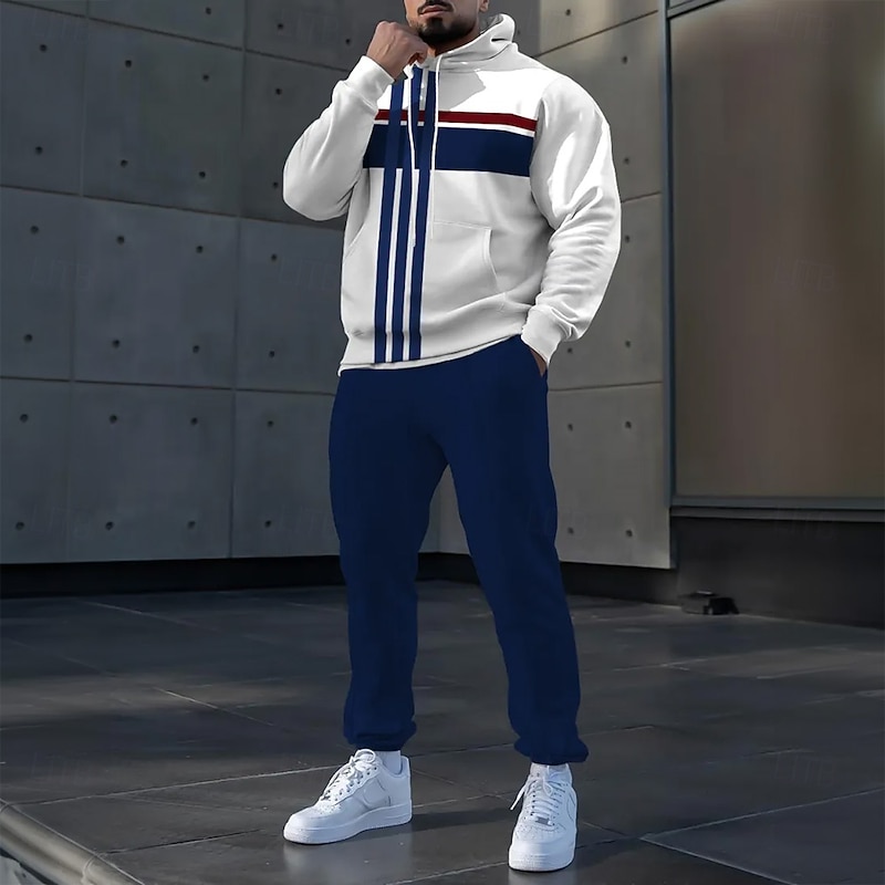 Men's Striped 2pcs 3D Sweatshirt Sets Tracksuit Hoodie Sweatshirt Long Sleeve Long pants Hooded Casual Daily Athleisure 3D Print Drawstring Hooded Spring Fall Winter White