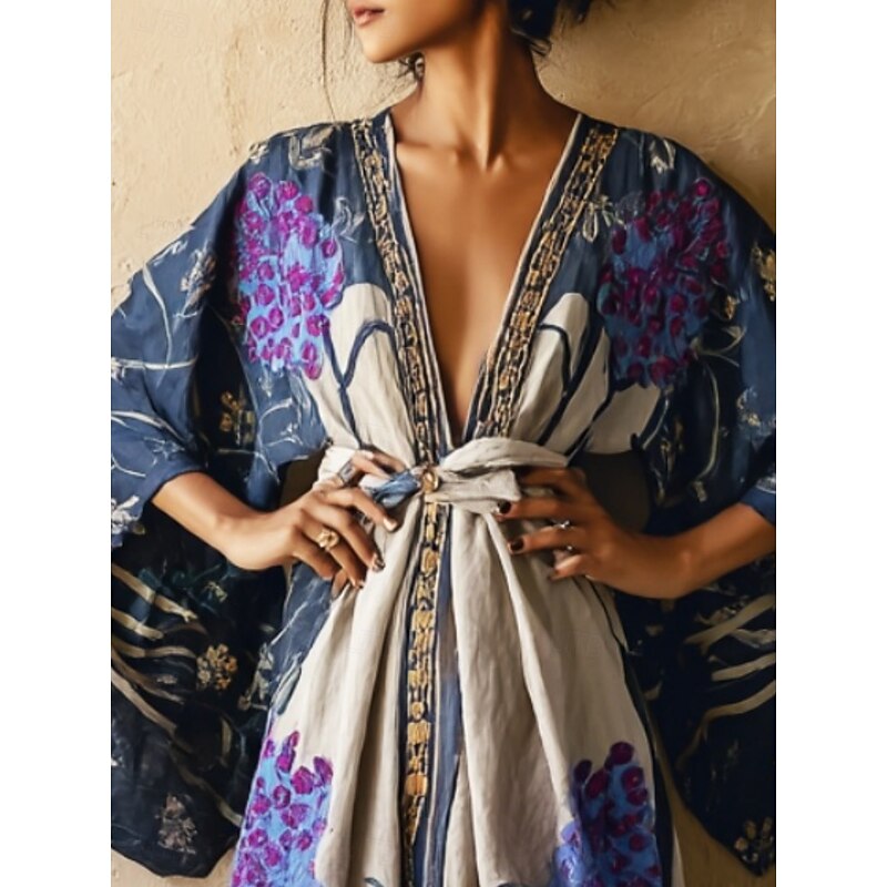 Women's Long Dress Maxi Dress Boho Dress Casual Dress Swing Dress Summer Dress Vintage Vacation Daily Beach Regular Fit Floral Long Sleeve V Neck Purple Summer Spring Fall2