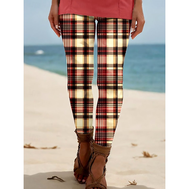 Women's Leggings Vacation Vintage Ethnic Style Ankle-Length High Waist Graphic Plaid Checkered 3D Print Breathability Soft Comfortable Stretchy Outdoor Vacation Home Maroon Robin's Egg Blue Light