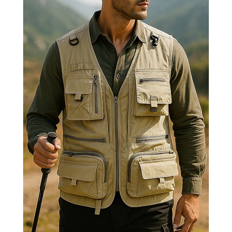 Men's Fishing Vest Multi-functional Vest Sleeveless Vest Outdoor Lightweight Breathable Zipper Polyester Black White Army Green Hunting Fishing Climbing3