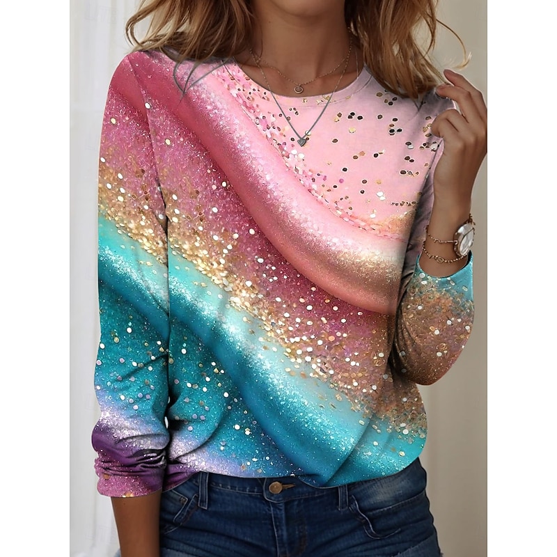 Women's T shirt Crew Neck Long Sleeve Tunic Ombre Graphic Texture Vintage Stylish Casual  Round Neck Regular Tops Daily Print Pink Blue Purple Fall