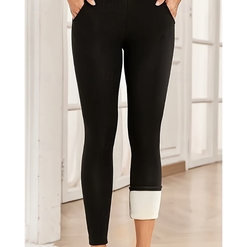 Women's Slacks Leggings Cozy Fleece Lined Streetwear Casual Full Length Natural Plain Pocket Elastic Waist Soft Street Daily Wear Weekend claret Navy Grey Black Winter Regular Fit